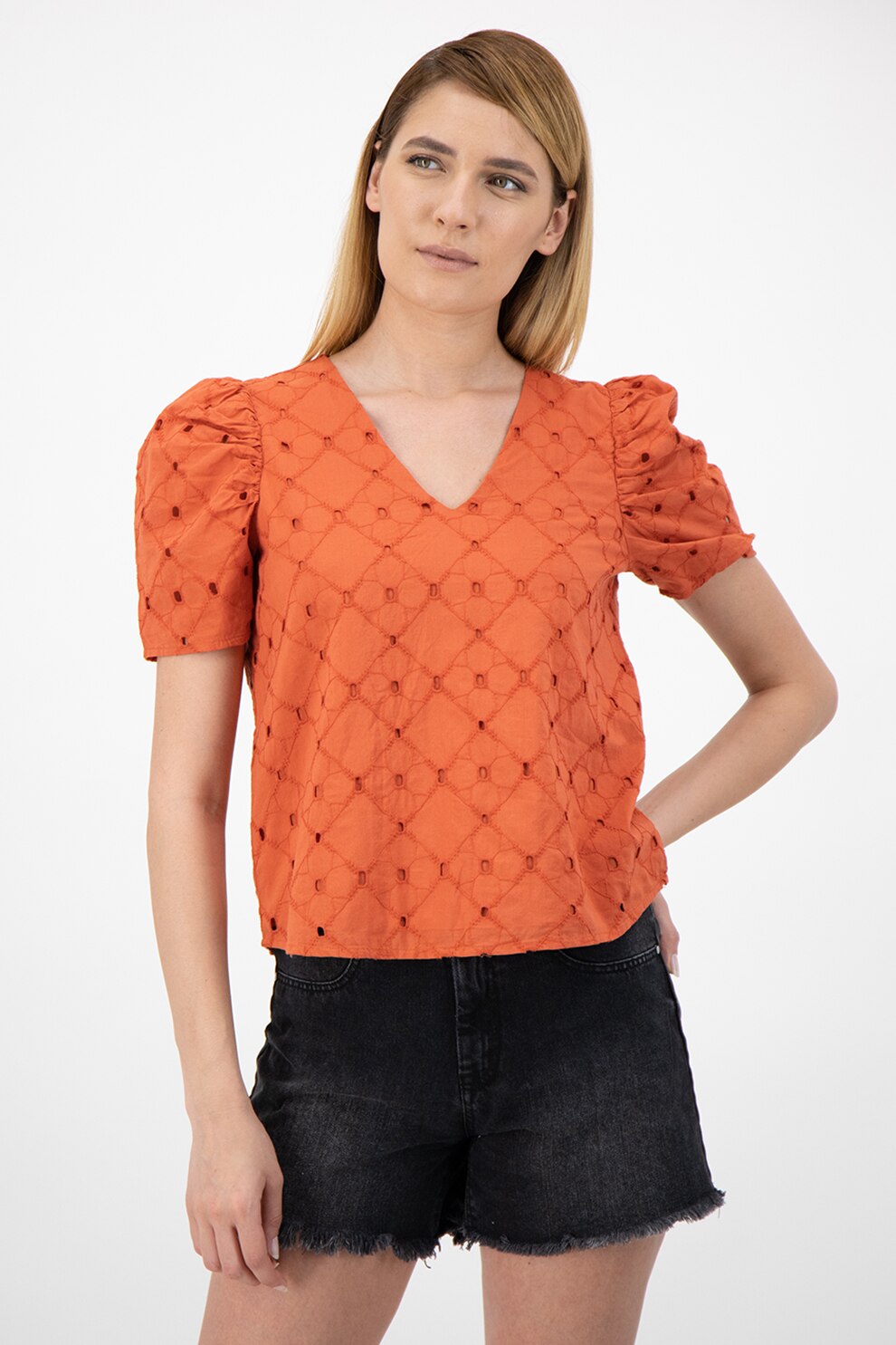 Only, Bluza cu decolteu in V si maneci bufante, Rosu caramiziu, M